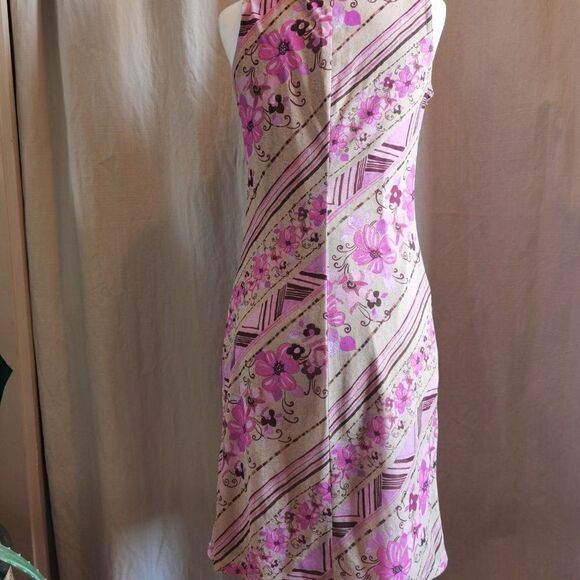 90s Crosover Neckline Midi Dress Print Graphic Pink & Tan Pastel Shift - Picture 6 of 6